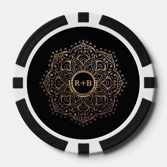 Jetons De Poker Mandala Boho Mariage Monogramme noir (Recto)