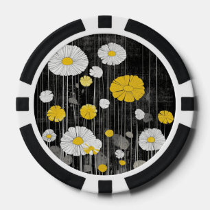 Jetons De Poker Marguerites blanches et jaunes sur fond gris noir
