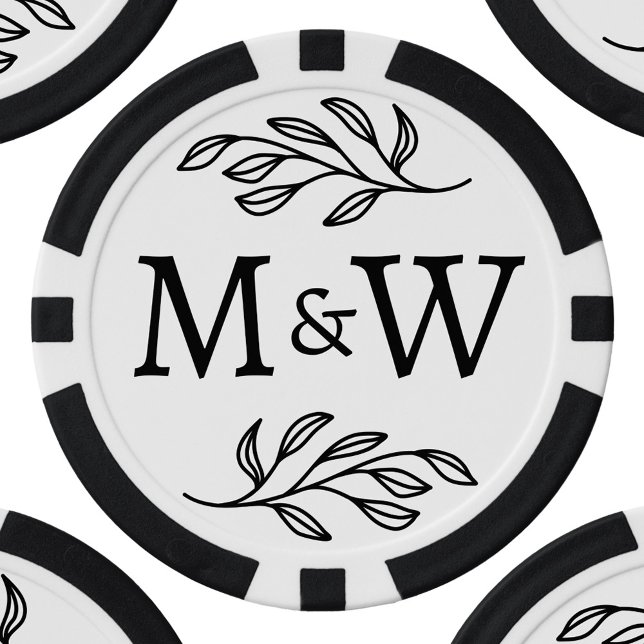 Jetons De Poker Mariage Couple Monogramme Élégant Botanique (Wedding couple monogram initials personalized botanical poker chips)