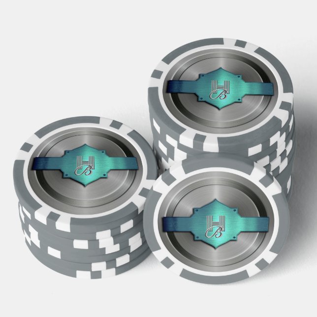 Jetons De Poker Métallo bleu vert acier trompe l’oeil Monogramme (Empiler)
