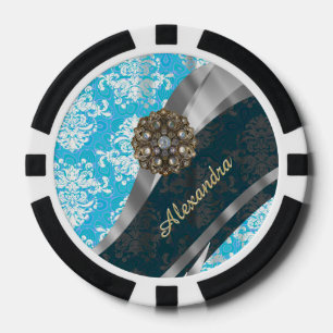 Jetons De Poker Modèle personnalisé bleu pâle joli girly damassé
