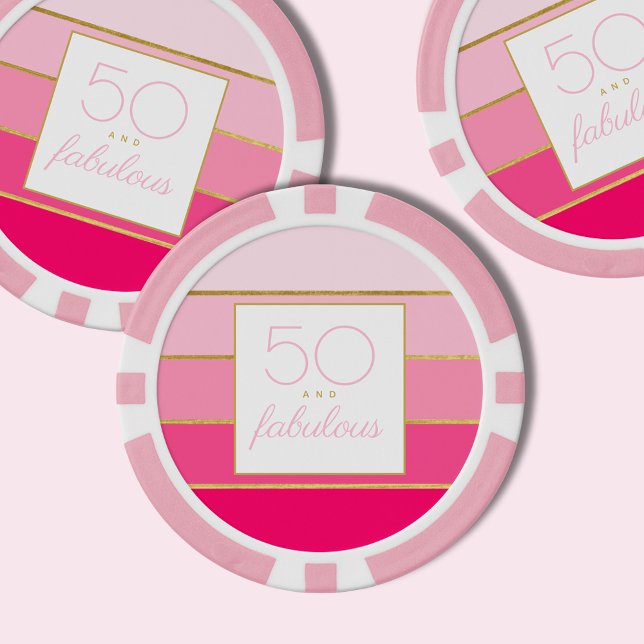 Jetons De Poker Modern Pink & Gold 50 et fabuleux anniversaire (50 and fabulous, pink and gold striped custom poker chips for 50th birthday party celebrations.)