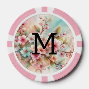 Jetons De Poker Monogramme aquarelle florale roses cerisiers en fl