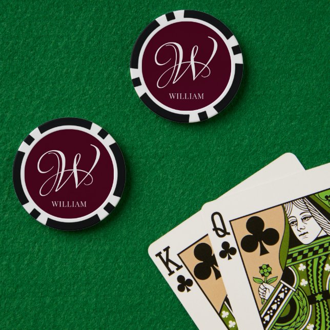 Jetons De Poker Monogramme Bourgogne Elégant Personnalisé Initial (Table de poker (double))