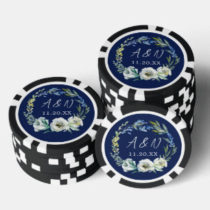 Jetons De Poker Monogramme de mariage floral bleu marine élégant