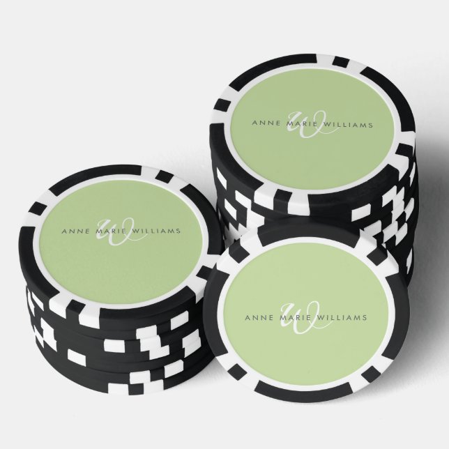 Jetons De Poker Monogramme de script blanc vert clair moderne (Empiler)
