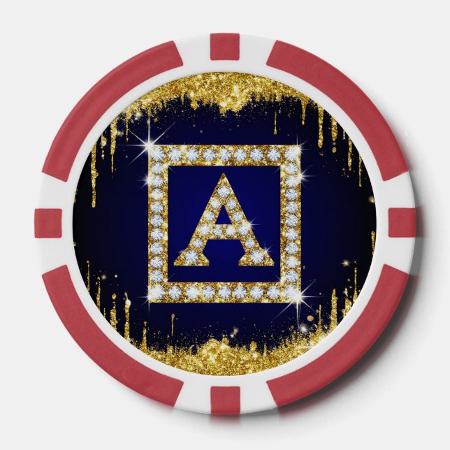 Jetons De Poker Monogramme doré initial A avec paillettes bleues (Recto)