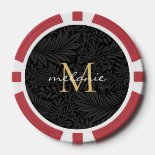 Jetons De Poker Monogramme élégant vintage noir floral or script