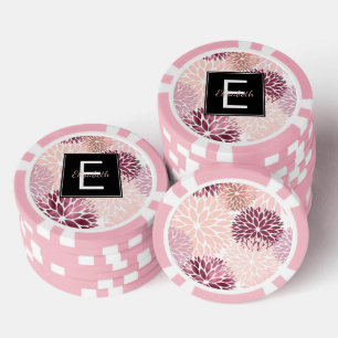 Jetons De Poker Monogramme floral aquarelle rose et vin de Bourgog