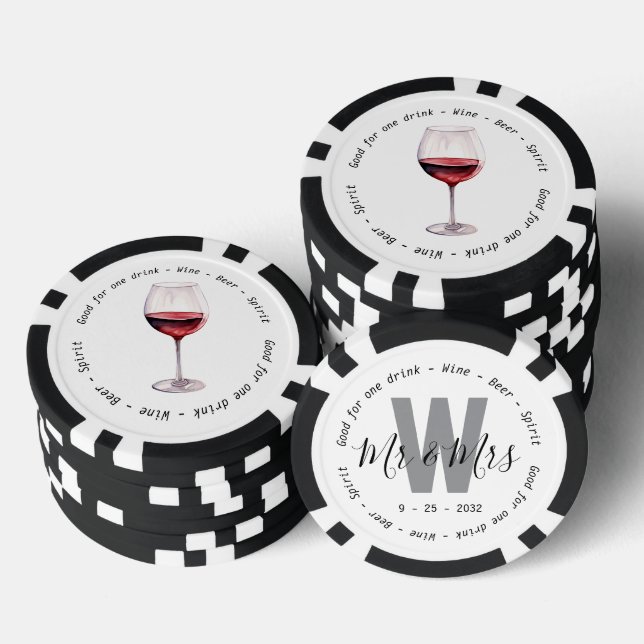 Jetons De Poker Monogramme M. Mme Red Wine Drink Voucher Mariage (Empiler)