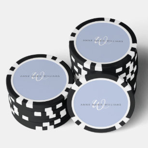 Jetons De Poker Monogramme Moderne Bleu Blanc Script