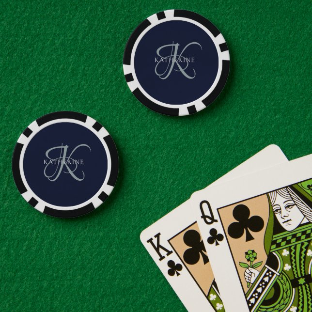 Jetons De Poker Monogramme moderne élégant Script Marine Bleu (Table de poker (double))