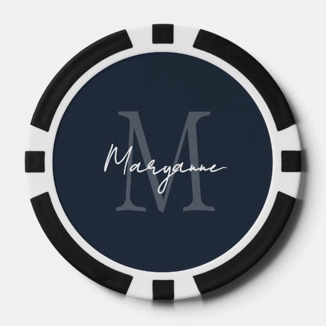 Jetons De Poker Monogramme Moderne Nom Bleu (Recto)