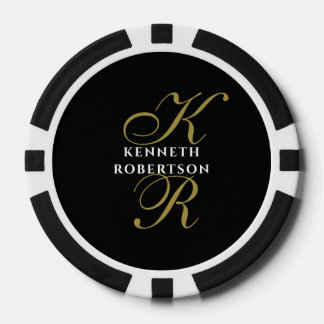 Jetons De Poker Monogramme Nom Or Noir Initiales Script Hommes