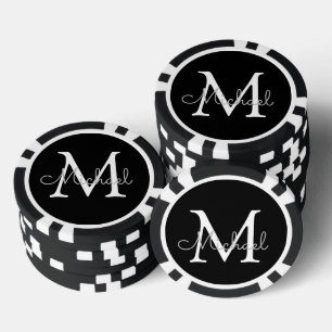 Jetons De Poker monogramme personnalisé noir et blanc simple