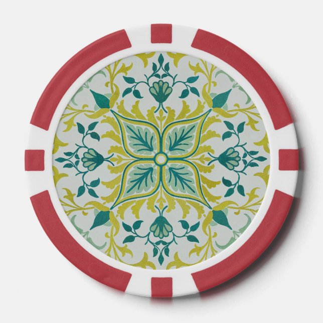 Jetons De Poker Morris Vin jaune Turquoise & Motif Fleur (Recto)