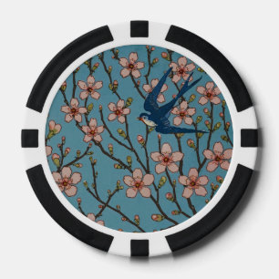 Jetons De Poker Motif de l'hirondelle florale rétro bleu par Walte