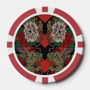 Jetons De Poker Motif floral japonais vintage pivoine rouge noir