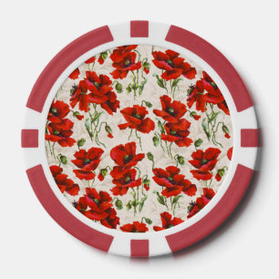 Jetons De Poker Motif floral vintage rouge coquelicot Art botaniqu