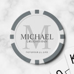 Jetons De Poker Nom et monogramme des Groomsmen personnalisés<br><div class="desc">Ajoutez une touche personnelle à votre mariage avec des puces de poker personnalisées pour groomsmen. Ce design présente le nom personnalisé du marionnettiste avec titre et date mariage en gris et monogramme en gris clair comme arrière - plan, dans le style de police serif classique, sur arrière - plan blanc....</div>