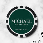Jetons De Poker Nom et monogramme du Groomsman personnalisé<br><div class="desc">Cadeaux Groomsman personnalisés avec le nom,  le titre et la date mariage du marionnettiste personnalisé en style serif classique blanc sur arrière - plan vert émeraude. Aussi parfait pour Best Man,  Père de la Mariée et plus.</div>