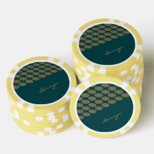 Jetons De Poker Nom personnalisé floral brun sur vert pin