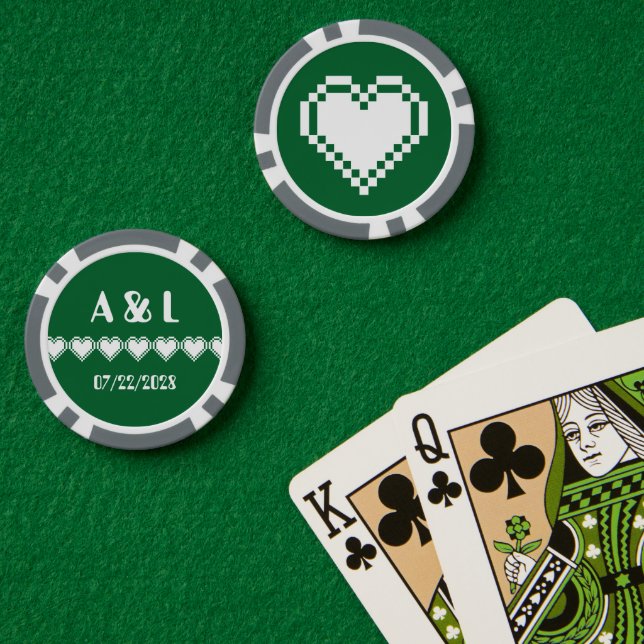 Jetons De Poker Nos Coeurs 8 bits en vert (Table de poker (double))