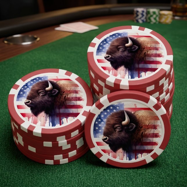 Jetons De Poker Œuvre d'art majestueuse représentant des bisons am (Majestic American Bison & Patriotic Flag Artwork. Poker Chips)