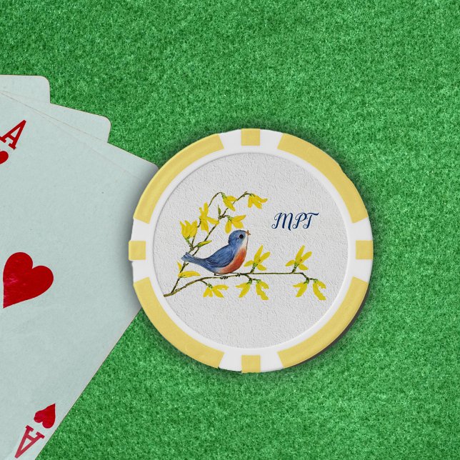 Jetons De Poker Oiseau chanteur rouge sur fleur de branche (Little red blue singing bird on branch with yellow flowers on textured look white poker chips.)