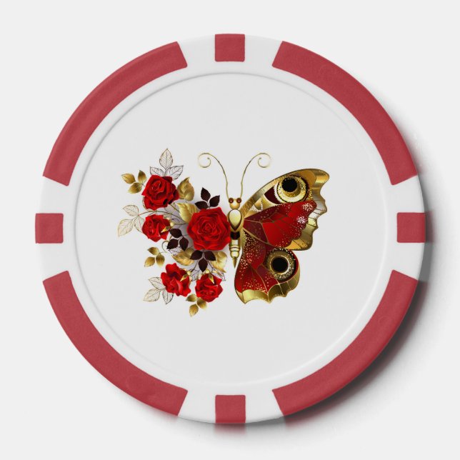 Jetons De Poker Papillon de fleurs rouges aux roses rouges (Recto)