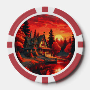 Jetons De Poker Peinture coucher de soleil avec chalet et lac-6663