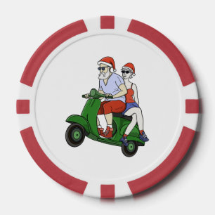 Jetons De Poker Père Noël et Mme Claus chevauchant un scooter