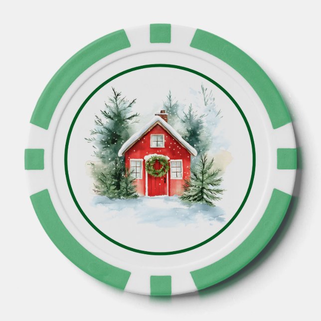 Jetons de poker pour cottage enneigé à l'aquarelle (Recto)