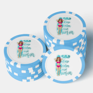 Jetons De Poker Restez calme et surfez sur la carte de fille brune