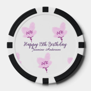 Jetons De Poker Rose mauve floral 15e anniversaire quinceanera nom