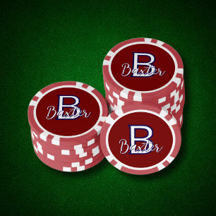 Jetons De Poker Rouge Blanc & Bleu Nom et Monogramme Personnalisé