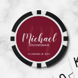 Jetons De Poker Scénario moderne de Bourgogne Groomsmen personnali<br><div class="desc">Ajoutez une touche personnelle à votre mariage avec des puces de poker personnalisées pour groomsmen. Ce design présente le nom des groomsmen personnalisées en style de police de script moderne blanc et monogramme en style de police de script moderne rouge bordeaux clair comme arrière - plan avec titre et date...</div>