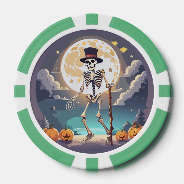 Jetons De Poker Skeleton Dansant Sous La Lune Halloween (Recto)