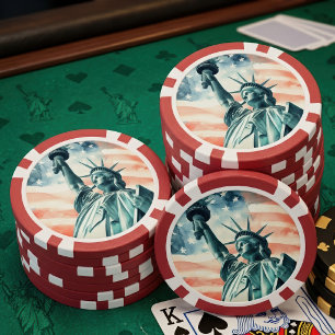 Jetons De Poker Statue de la Liberté à l'aquarelle avec drapeau am