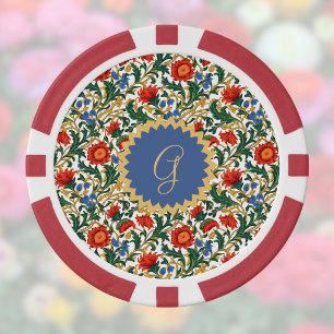 Jetons De Poker Style floral William Morris bleu rouge or vintage