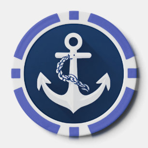 Jetons De Poker Symbole nautique d'ancre blanc bleu marine