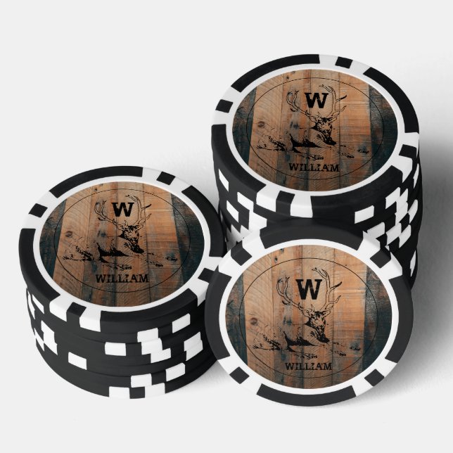 Jetons De Poker Texture en bois rustique et monogramme de cerfs su (Empiler)