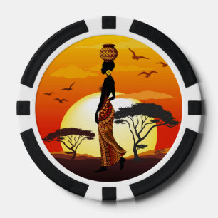 Jetons De Poker Une belle femme africaine Silhouette sur les solei