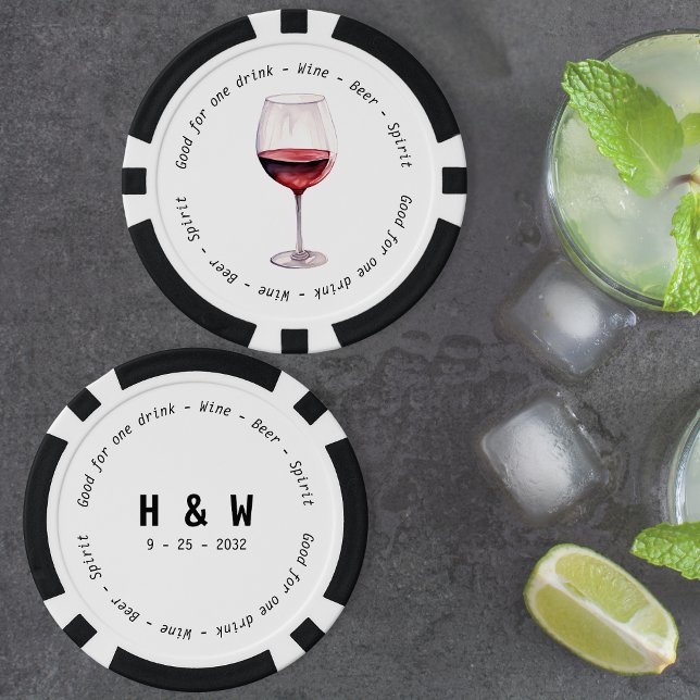 Jetons De Poker Vin rouge noir moderne Mariage  (Modern Black White Red Wine Drink Voucher Wedding Poker Chips)