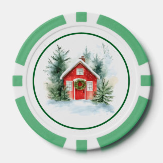 Jetons De Poker Watercolor Snowy Cottage Christmas Poker Chips