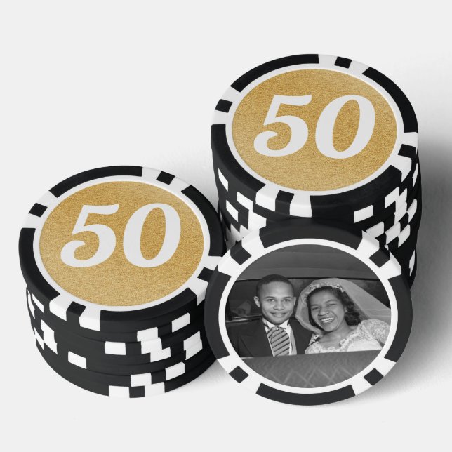Jetons De Poker Wedding Anniversary Party Favor Black & Gold Photo (Empiler)