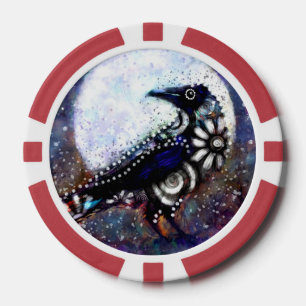 Jetons De Poker Whimsical Raven Lune Floral Noir Blanc Bleu