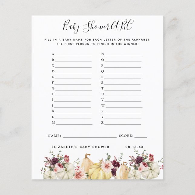 Jeu ABC | Jeu de Baby Shower Fleur de Citrouille (Devant)