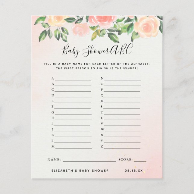 Jeu ABC | Jeu de Baby shower floral (Devant)