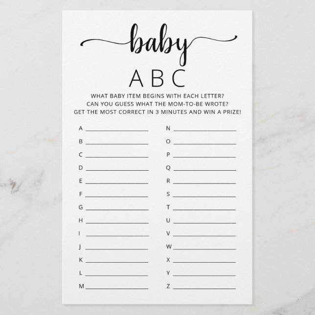 Jeu Baby ABC pour fête de bébé Shower Alphabet (Devant)